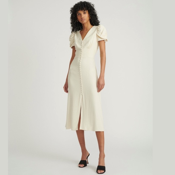Saloni Bridal Cream Margot Ruched Sleeve Midi Dress Sz 10 - Picture 1 of 8